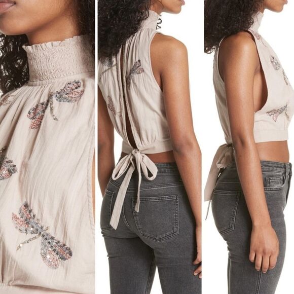 🩵NWT Free People Peach "The Garden" Dragonfly Sequin Sleeveless Top Medium - Picture 2 of 12